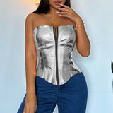 Toloer Women's Sexy Fashion Metal Bright Leather Chest Top Slim Vest Waist Waist-Outfit