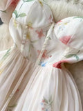One-Word Shoulder-Sling Sling Dress Woman Gentle Wind Chopped Flower Bubble Sleeve Yarn Fairy Dress