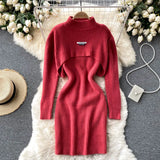 Winter Solid Sexy Sweater Sets Short Half High Collar Knitwear+V Neck Camis Dress Women Warm Knitted Two Pieces
