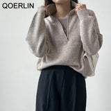 Thick Warm Winter Turtleneck Sweater Women Autumn Loose Knitted Jumper Solid Zipper Pink Sweater Oversized