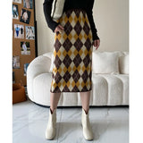High Elastic Waist Yellow Plaid Knitting Long Elegant Half-body Skirt Women Fashion Tide New Spring Autumn 2023
