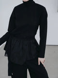 Women Black Hem Mesh Pleated Irregular Elegant T-shirt New Turtleneck Long Sleeve Fashion Tide Spring Autumn 2023