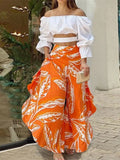 Set Women Solid Slash Neck Full Sleeve Off Shoulder Tops Two Piece Sets Loose Casual Print Long Pants High Waist 2024-Outfit