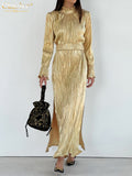 Fashion Gold Pleated Women'S Dresses Elegant Stand Collar Long Sleeve Ankle-Length Dress Casual High Waist Party