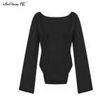 Asymmetrical White Knitted Blouse Women Sexy Long Sleeve Bodycon Blouse Black Ladies Basic Knitwear Tops