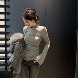 Pure Hot Girl Hollowed-Out Knitted Long-Sleeved Bottomed-Out Blouse With A Slim, Slim And Half-High Collar In Spring And Autumn-Outfit