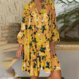 Bohemian Women Dresses Summer Long Sleeve Button Loose Mini Dress Big Swing Boho Dress Printed