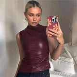 Toloer Women's 2024 Leather Collar Personality Waist Oblique Sleeveless Top Women's Vest-Outfit