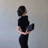 Autumn Winter New Knit Dresses Korean Half Turtleneck Short Sleeve Vestidos Femme Vintage Slim Basics