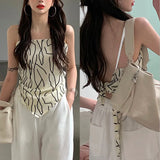 Women Irregular Hem Backless Camisole, Boat Neck Sleeveless Off-the-shoulder Tops, Black/ Beige-Outfit