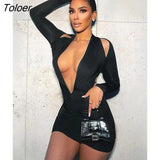 Deep V Neck Backless Sexy Mini Dress For Women Robe Elegant Black Full Sleeve Bodycon Ruched Party Dress
