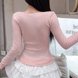 Fashion Girl Hit Color Square Collar Fold Splicing Fake Two Long-Sleeved T-Shirts Sweet Knit Blouse-Outfit