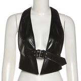 Women Fashion PU Leather Halter Vest Ladies Sexy Deep V Backless Female Club Solid Black Crop Top High
