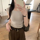 Style Simple Shoulder Short-Sleeved T-Shirt Women's Summer Thin Style Design Feeling Solid Color Full-Fitting Spicy Girls Short-Style Blouse-Outfit
