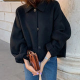 Aachoae 2021 Autumn Winter Women Elegant Solid Color Wool Coats Chic Turn Down Collar Long Sleeve Coat Female Chic