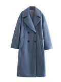 Women Double Breasted Woolen Coat Lapel Collar Long Sleeves Solid Long Wool Coat Winte Fashion Warm Loose Woolen