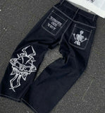 Year Y2K Jeans Men's Wear Hip-Hop Retro Skull Water Washed Loose Jeans Casual Wide-Legged Pants-Outfit