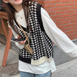 Color Knitted Vest For Women In 2024 Spring And Autumn New Korean Version Of The Chessboard Is Loose And Fashionable To Wear Sweater Vests.-Outfit