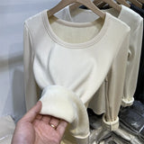 Plush Underwear With White Bottomed T-Shirt With Low Round Neck And Long Sleeves In Autumn And Winter Integrated Velvet Warm Blouse-Outfit
