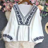 Long Sleeve Pullovers Female Fashion Chic V-neck Loose Floral Embroidered Shirts For Women Boho Casual Beach Blouses