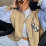 Women Bomber Jacket Single Breasted Stand Collar Letter Embroidery Loose Autumn Jackets Brown Jackets For Women