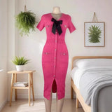 Small Fragrant Temperament V-Neck Bow Bow With Beads Button Opening Knitted