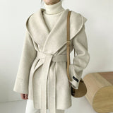 Aachoae Women Solid Color Wool Coats With Belt Long Sleeve Hoodie Pockets Coats Female Chic Elegant