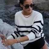 Graduation party Horizontal Striped White Sweater Stand Collar Batwing Sleeve Female Casual Loose-fitting