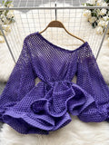 Summer Women Hollow Out Blouse Female Purple/Black/White Puff Long Sleeve Irregular Skew Collar Ruffle Shirts New Fashion