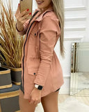 Autumn Women Solid Coats Turn Down Collar Full Sleeve Regular Casual Drawstring Tight Waist Zipper Pockets Jackets-Outfit
