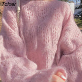 Soft Loose Knitted Sweater Women Anutumn Winter New Hollow Solid Pullover Sweater Mohair Warm Basic Knitwear Jumper