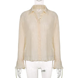 Vintage White Folds Cute Y2K Shirts Women Elegant Fashion Flared Sleeve Button Tops See Through Sexy Mesh Girl