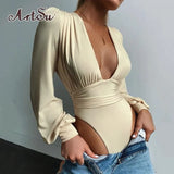 Solid Shaped Waist Sexy Bodycon Bodysuits Women Autumn Deep V-Neck Lantern Sleeve Slim Active Streetwear