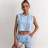 Hoodie Sweatshirt Set Solid Sleeveless Female 2 Pieces Tracksuit Lace Up Crop Top+shorts Pockets 2021 Summer Casual