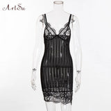 Stpaghetti Strap Lace Mini Dress Women Summer New Transparent Bodycon Nightgowns Dres Clubwear Robes