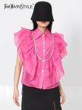 Ruffle Trim Shirt For Women Lapel Sleeveless Solid Straight Loose Button Through Blouse Female Summer Clothing