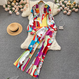 Fashion European Style Two Pieces Suit Long Sleeve Suit Jacket Hight Waist Straight Pants Office Lady Autumn Print