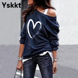 Yskkt Women's Pullover Sweatshirt Heart Printed Long Sleeve One Shoulder Tops Autumn Winter Sweat Shirts Woman Casual