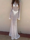 Women Crochet Backless Long Dress Bikini Cover Ups Long Flare Sleeve Hollow Out Knitted Beach Dresses Female Vestidos-Outfit