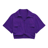 Women Safari Style Pockets Patch Knotted Linen Short Smock Blouse Lady Chic Kimono Cropped Shirt Blusas Tops-Outfit
