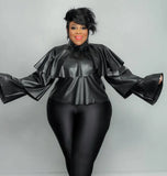 Plus Size High Neck Ruffles PU Leather Long Sleeve