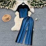 Hong Kong-Flavored Suit Female Design Sense Short-Sleeved T-Shirt Spliced Denim Jacket + High-Waisted Casual Straight Pants