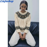 Za 2021 White Jacquard Knitted Sweater Women Contrast Pullover Oversized Argyle Woman Sweaters Long Sleeve Autumn