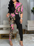 Classic Print Retro Knotted Blouse and Pants