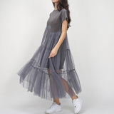 Summer Korean Splicing Pleated Tulle T shirt Dress Women Big Size Black Gray Color Clothes New Fashion