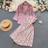 Autumn Vintage Women Two Piece Set Elegant Notched Collar Single Button Coat + Floral Spaghetti Strap Dress Suits 2Pcs