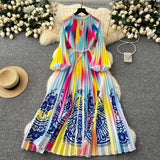 Elegant Dress Women Fashion Nail Ball Collar Hollow Pressure Folding Lantern Sleeves To Print Long