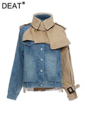 Women's Denim Windbreak Patchwork Contrast Color Stand Collar Loose Split Epaulet Jacket 2024 Summer New Fashion 1B093-Outfit