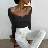 Knitted Square Collar Tops Women Sexy Long Sleeve Women Slim Minimalist Autumn 2021 Basic Korean Black Casual
