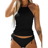 Women Bikini Set, Neck Hanger Sleeveless Backless Crop Tops Solid Color Panties for Summer, Women Clothing-Outfit